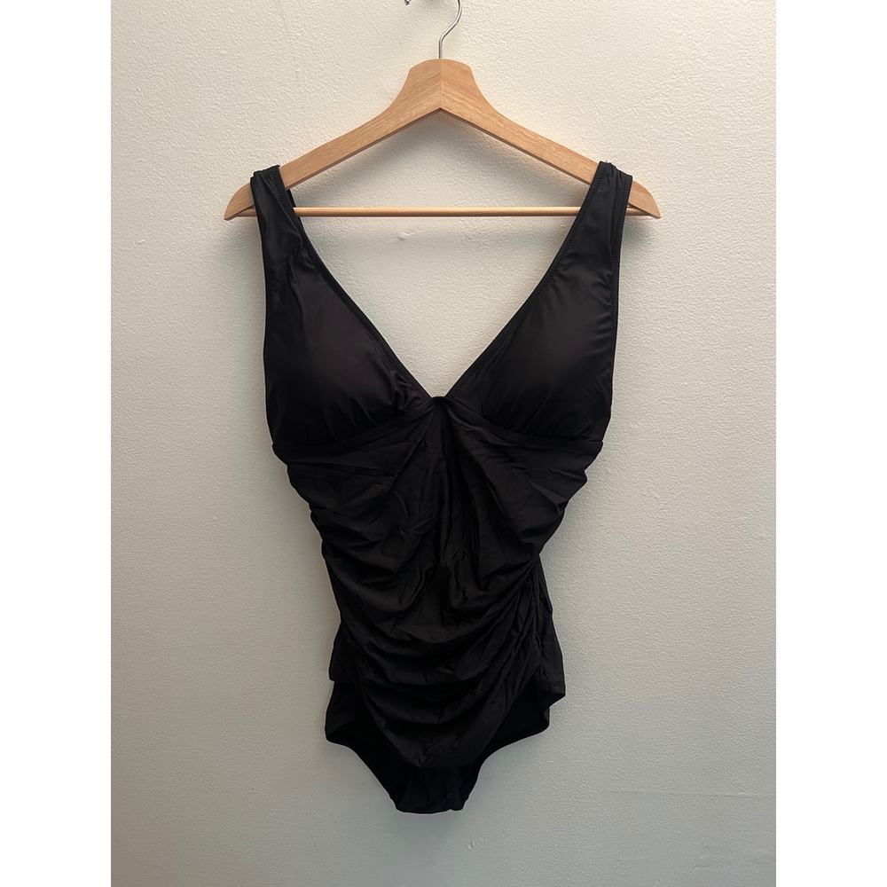 J Crew‎ Womens 12 Ruched V Neck One Piece Swimsuit Black Slimming Bathing Suit